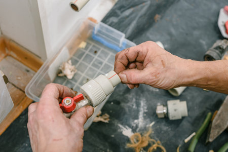 Male hands holding fitting to connect plastic pipes in pipeline. Hands connecting a plastic pipe joint for plumbing installation or repair at home.の写真素材