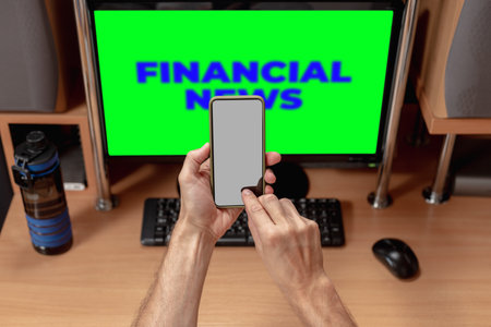 Closeup of man feeling excited holding smartphone and receiving great news. Man viewing financial news on screen, keyboard visible, emotional responseの写真素材