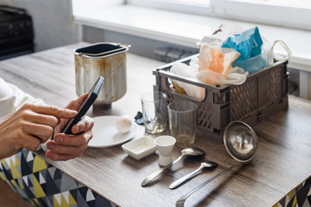Closeup of man reading recipe on smartphone for making bread at home. Bread preparation at home, checking recipe on smartphone, ingredients ready to bakeの写真素材