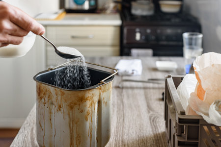 Closeup of man preparing dough in bread making pan and adding salt. Home baking bread with sugar and salt poured from a spoon into dough in a formの写真素材