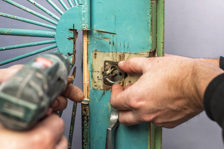 Handymen repairing metal door lock with electric drill. Closeup of men screwing lock onto metal...