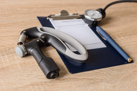 Hand grip strengthener, clipboard and stethoscope lying on table. Physiotherapy tools on wooden...