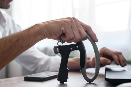 Man with hand gripper combining sport activity with necessary office work. Office workout with hand...