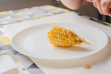 Closeup photo of fresh boiled corn on white plate. Half corn cob on white plate, close-up of healthy snack during casual home mealの写真素材