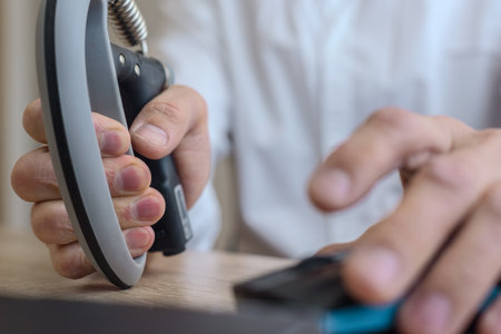 Closeup photo of man with expander training hand muscles at workplace. Multitasking with grip trainer and computer in home officeの写真素材