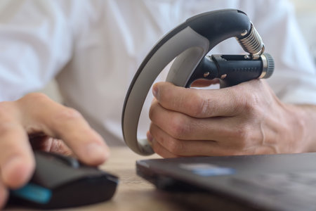 Man taking care of wrist using expander during work on computer. Hand exercise at desk during remote...