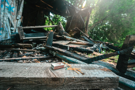 Destroyed wooden house after arson, matches on the background. Matches near ruins of fire, concept of arson, danger, and human negligenceの写真素材