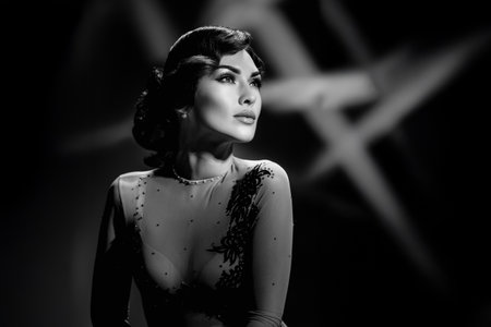 Black and white portrait of charming woman with wave hairstyle and elegant make-up posing in chic...