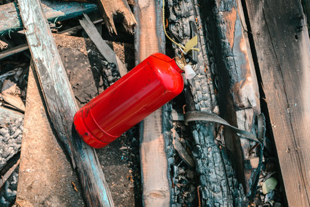 Charred burnt out remains of a fire damaged building with red extinguisher. Used extinguisher lying on scorched wood, aftermath of fire emergencyの写真素材
