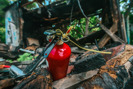 Demolished wooden house after fire accident, extinguisher on the background. Fire extinguisher among...