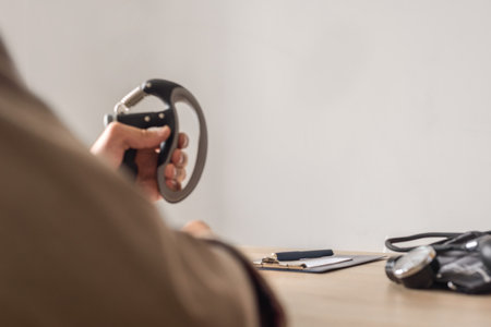 Closeup of man using hand grip strengthener for training his arms. Man training hand muscles with grip strengthener, rehabilitation and therapy conceptの写真素材