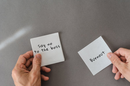 Choosing self-care over pressure sticky notes and hands, gray neutral tone