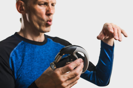Closeup portrait of athletic man in sportswear training with hand gripper for healthy lifestyle. Man explains grip workout with expressive hand gestureの写真素材
