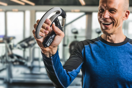 Happy athletic man using grip strengthener to enhance hand and forearm muscles. Smiling man squeezing adjustable hand gripper in modern gym environmentの写真素材