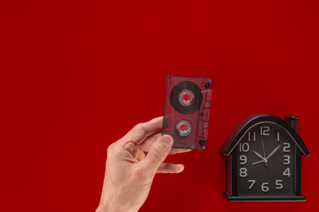 Male hand holding old audio tape cassette with vintage watch on red background. Audio cassette in hand, with a watch, representing a nostalgic trip back to the past and the charm of retro timesの写真素材