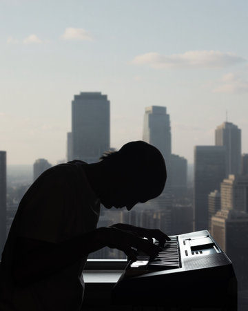 Young man playing electric piano on the background of modern urban view. Silhouette of a man playing synthesizer with skyscrapers in backgroundの写真素材