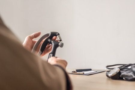 Male patient doing wrist exercise with hand gripper, closeup photo. Hand grip exerciser in use, blood pressure monitor on table, physical therapy sceneの写真素材