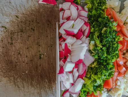 Preparing fresh salad with various vegetables, closeup photo. Chopped radishes, greens, tomato arranged for fresh saladの写真素材