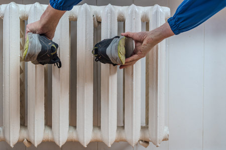 Man drying shoes on heating battery after washing. Drying sneakers on radiator after washing, close-up of both shoes held by handsの写真素材
