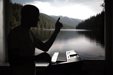 Relaxed male professional musician enjoying playing piano by window.の写真素材