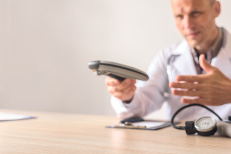 Happy young doctor therapist in white coat having appointment and consulting patient. Rehabilitation concept: doctor showing grip trainer at medical consultationの写真素材
