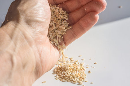 Young adult male hand holding raw oat flakes, closeup photo. Oatmeal flakes pouring from male hand on white table in natural morning lightの写真素材