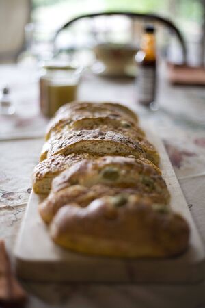 Bread loaf on dinner table