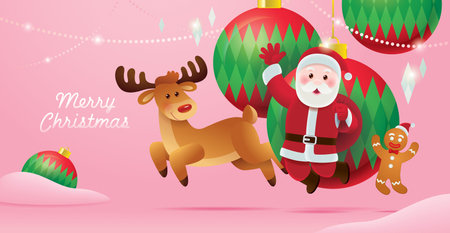 Merry Christmas Santa Claus Reindeer and Gingerbread Man Jumping Happily Decorated with Christmas Ornament Ballsのイラスト素材