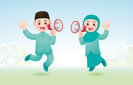 Hari Raya celebration with kids jumping and speaking on a red loudspeakerのイラスト素材
