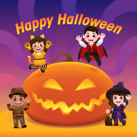 Excited Kids Celebrates Halloween In Spooky Costumes with Giant Jack-O-Lanternのイラスト素材