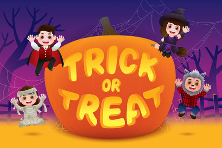 Excited Kids Celebrates Halloween In Spooky Costumes with Trick or Treat Text on Giant Pumpkin Decorationのイラスト素材