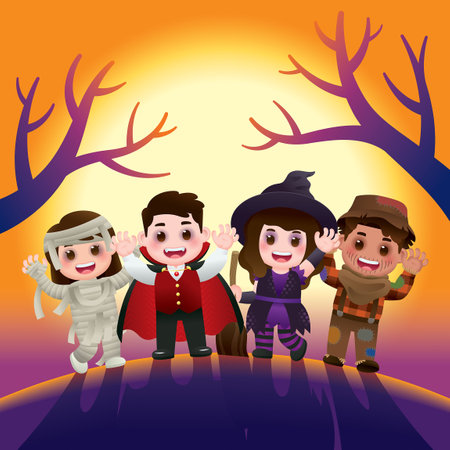 Excited Kids Celebrates Halloween In Spooky Costumesのイラスト素材