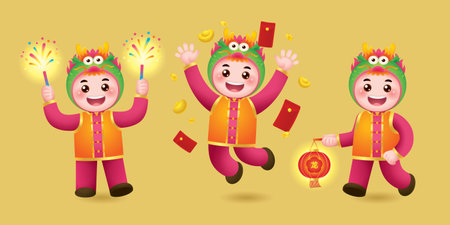 Chinese New Year Children Wear Dragon Hoodie Costumes Posing In Different Poses. Text: Dragonの写真素材