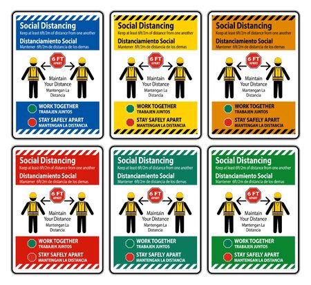 Bilingual Social Distancing Construction Sign Isolate On White Background,Vector Illustrationのイラスト素材