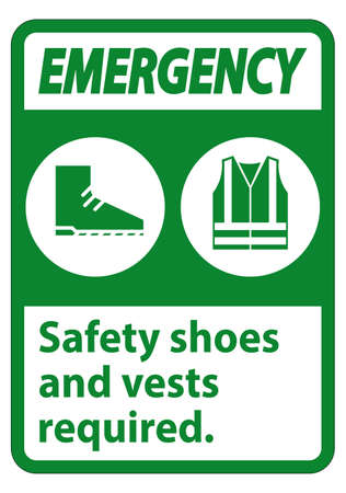 Emergency Sign Safety Shoes And Vest Required With PPE Symbols on White Background,Vector Illustrationのイラスト素材