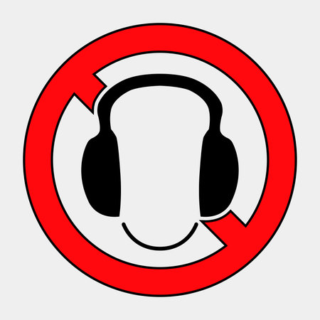 This graphic features a bold red circle with a crossed-out headphone symbol, perfect for conveying a no headphones or silent environment message in various settings.のイラスト素材