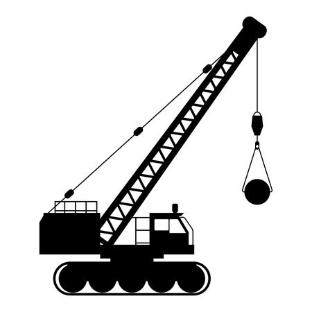 A black silhouette of a construction crane with a hook and lifting ball. Perfect for representing industry, machinery, and construction themes.のイラスト素材