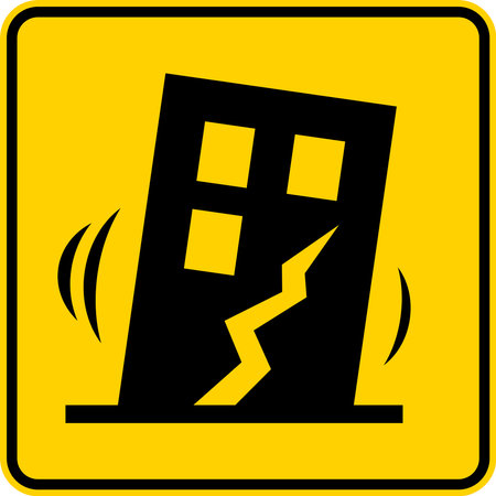 Earthquake warning sign in front of a damaged building with visible cracks, highlighting structural damage and seismic dangeのイラスト素材