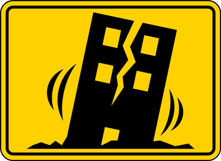 Earthquake warning sign in front of a damaged building with visible cracks, highlighting structural damage and seismic dangeのイラスト素材
