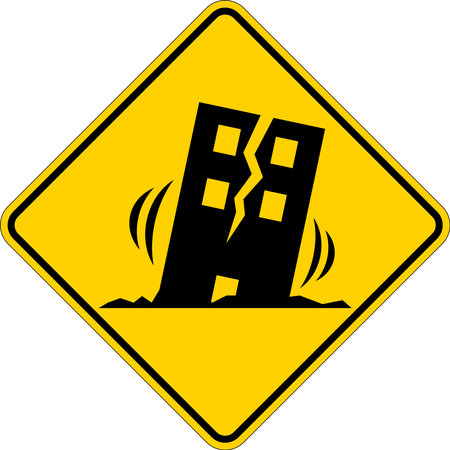 Earthquake warning sign in front of a damaged building with visible cracks, highlighting structural damage and seismic dangeのイラスト素材