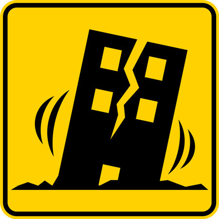 Earthquake warning sign in front of a damaged building with visible cracks, highlighting structural damage and seismic dangeのイラスト素材
