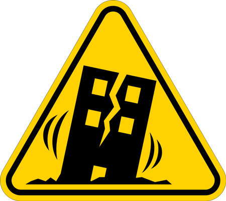 Earthquake warning sign in front of a damaged building with visible cracks, highlighting structural damage and seismic dangeのイラスト素材