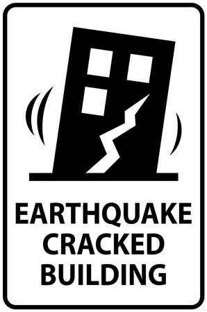 Earthquake warning sign in front of a damaged building with visible cracks, highlighting structural damage and seismic dangeのイラスト素材