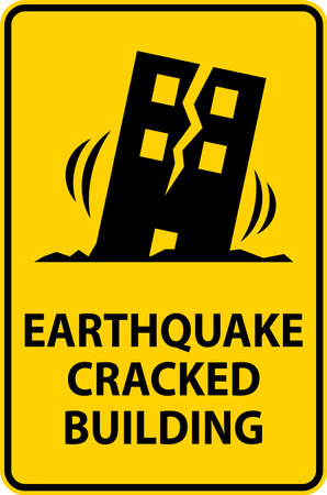 Earthquake warning sign in front of a damaged building with visible cracks, highlighting structural damage and seismic dangeのイラスト素材