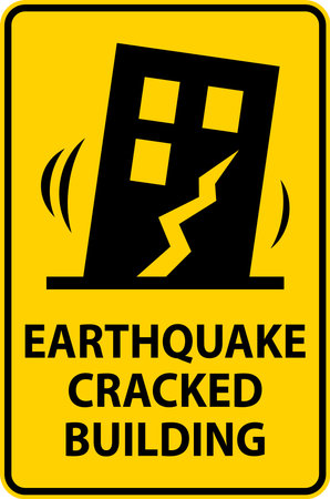 Earthquake warning sign in front of a damaged building with visible cracks, highlighting structural damage and seismic dangeのイラスト素材