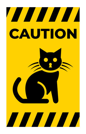 Caution Sign with Black Cat Icon on Yellow Background and Striped Borderのイラスト素材