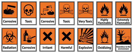 This image features a collection of hazard symbols essential for chemical safety and environmental protection. Each symbol represents a specific risk, promoting awareness and compliance.のイラスト素材