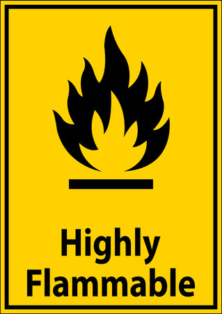 Bright yellow sign displaying a flame symbol with the text "Highly Flammable," serving as a crucial safety warning in various environments to prevent fire hazards.のイラスト素材