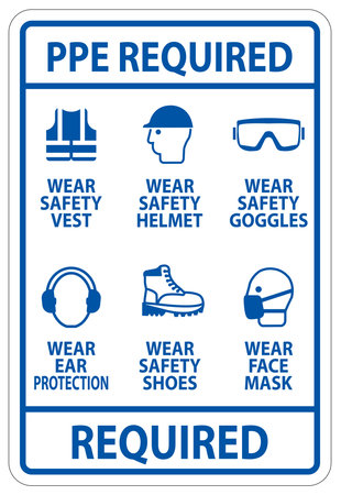 This image depicts a PPE required sign outlining essential safety gear needed in the workplace, emphasizing the importance of compliance and worker protection.のイラスト素材