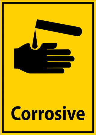 This caution sign features a hand being damaged by a corrosive substance, serving as a clear warning about potential hazards in workplaces handling chemicals.のイラスト素材